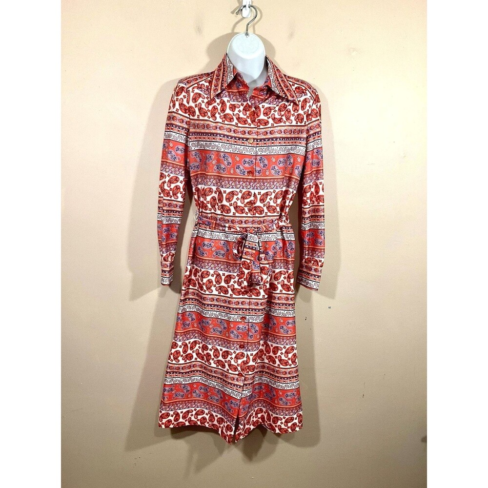 VTG Saks Fifth Avenue Young Dimensions Paisley Belted Shirt Dress 8 Orange 70s
